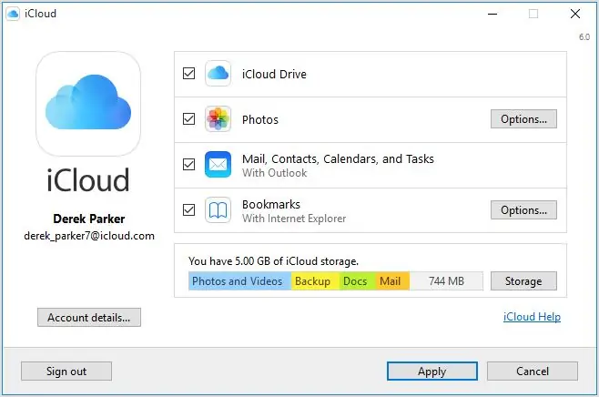 iCloud programu kwenye PC