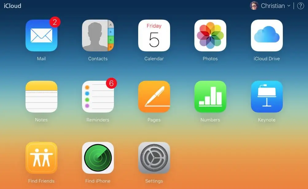 Menu principale in iCloud