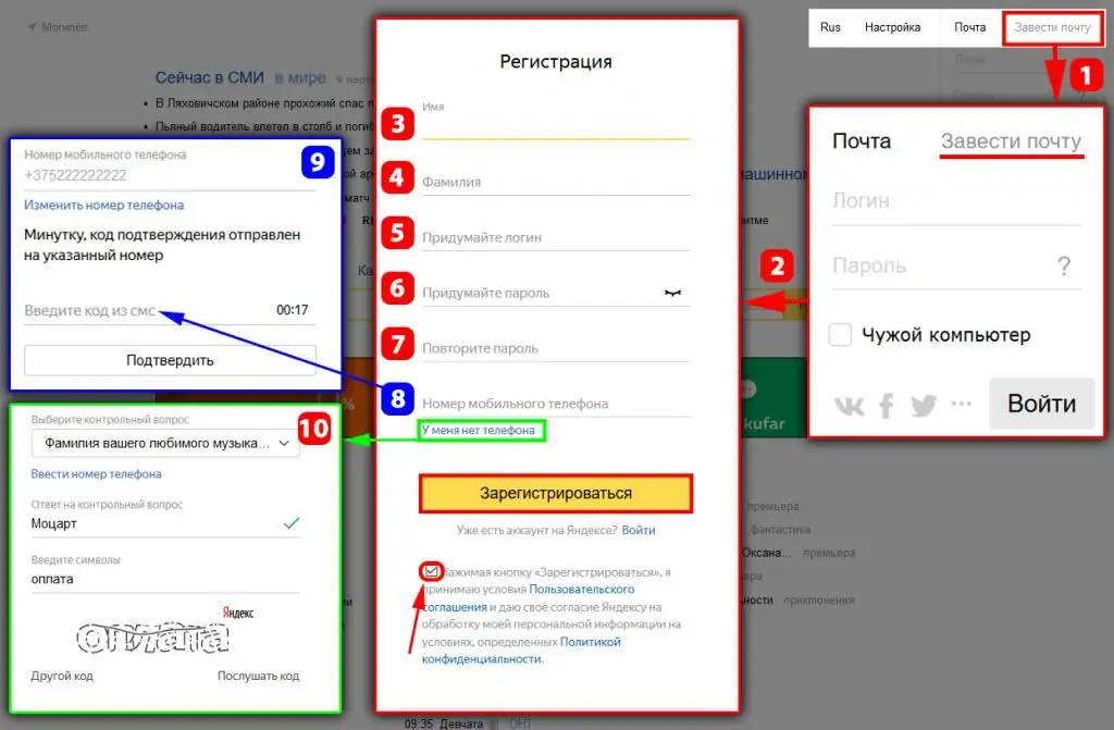 Registracija u "Yandex"