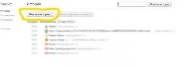 historia przeglądania w Yandex